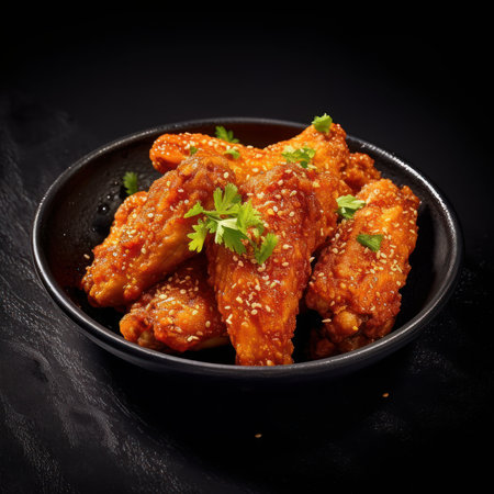 fried chicken wings in sweet and sour sauce with sesame seeds on black backgroundの素材