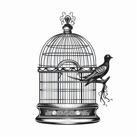 Bird in the cage. Black and white engraving vector illustration.の素材