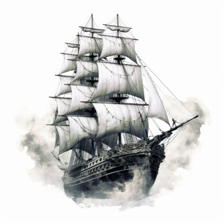 Sailing ship in the smoke isolated on white background. 3d illustrationの素材