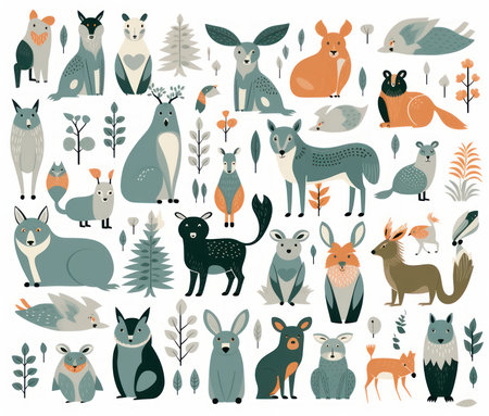 Set of cute hand drawn forest animals in flat style. vector illustration.の素材