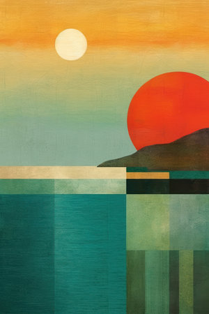 sunset on the sea and mountains - abstract painting, digital illustrationの素材