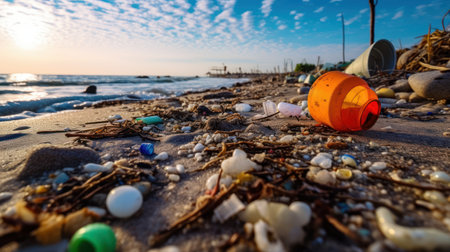 Plastic garbage on the beach. Pollution of environment concept.の素材