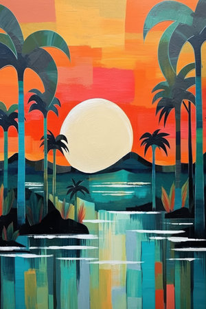 Painting of palm trees on the beach at sunset. illustrationの素材