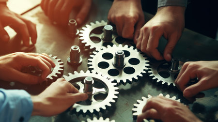 Group of business people working together on gears mechanism in the office.の素材