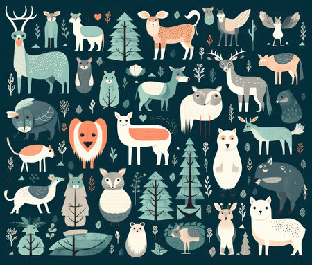 Set of cute hand drawn forest animals. Vector illustration in flat style.の素材