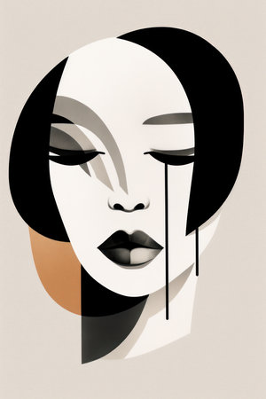 Fashion illustration of a woman's face in black and white.の素材