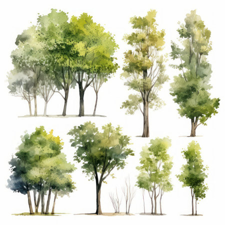 Watercolor trees set. Hand drawn illustration isolated on white background.の素材