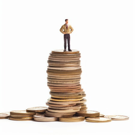 Businessman standing on a stack of coins, isolated on white backgroundの素材