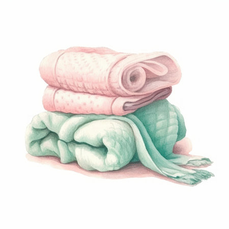 Watercolor illustration of a stack of pink and beige towels.の素材