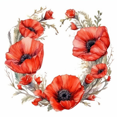 Watercolor floral wreath with red poppies. Hand painted illustration isolated on white backgroundの素材