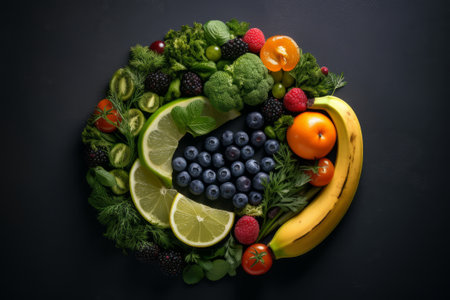 Fruit and vegetables in the shape of a circle on a black backgroundの素材