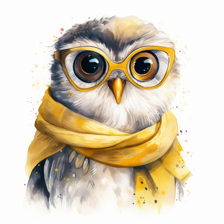 Cute owl with yellow scarf and glasses. Watercolor illustration.の素材