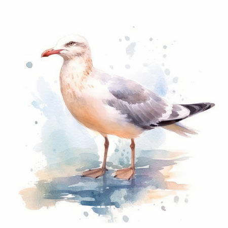 Watercolor seagull isolated on white background. Hand drawn illustration.の素材