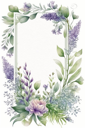 Watercolor floral frame with lilac, lavender and eucalyptus.の素材