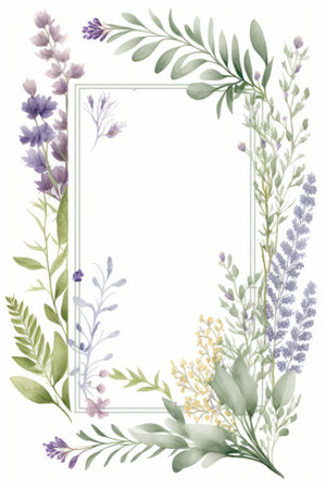 Watercolor floral frame with lavender flowers. Hand drawn illustration.の素材