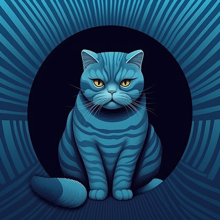Vector illustration of a blue cat sitting on a dark background with stripesの素材