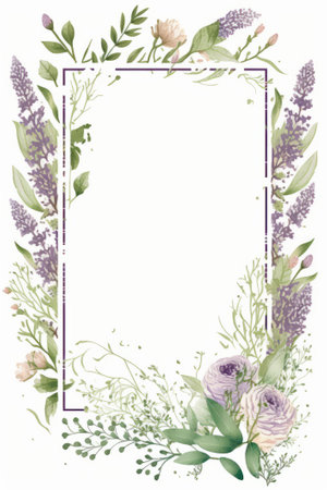 Watercolor lavender and rose frame on white background. Hand painted illustration.の素材