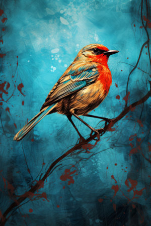 Colorful bird on a branch in an autumn forest. Digital painting.の素材