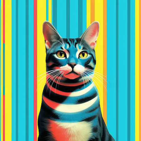 Fashionable cat with colorful striped scarf on a striped background.の素材