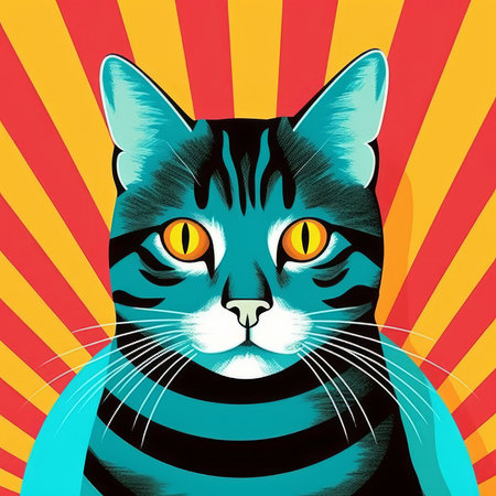 Vector illustration of a cat with yellow eyes on a striped background.の素材