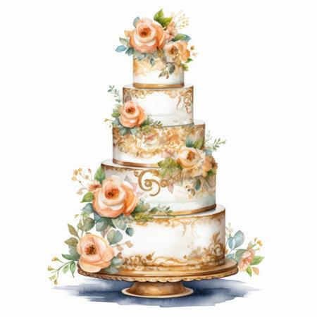 Wedding cake decorated with flowers. Watercolor hand drawn illustrationの素材