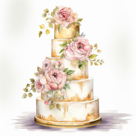 Wedding cake with roses, watercolor illustration on white backgroundの素材