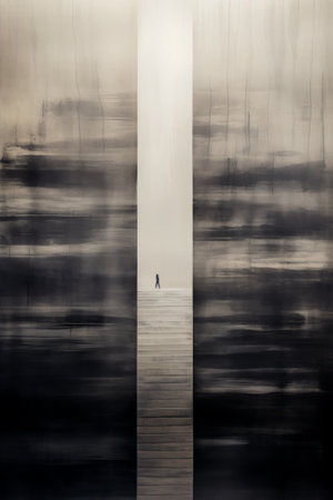 Reflection of a man walking on a wooden walkway in the waterの素材