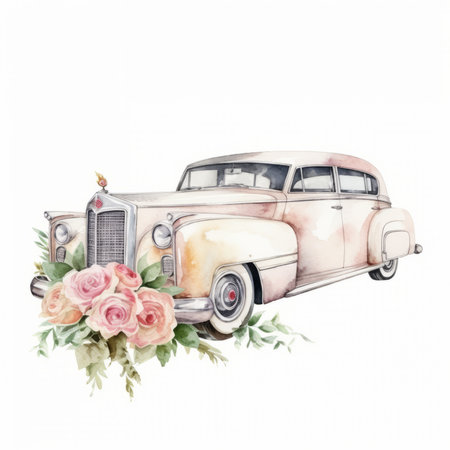 Vintage wedding car with flowers. Hand drawn watercolor illustration.の素材