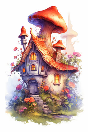 Fantasy house with a mushroom in the garden. illustration.の素材