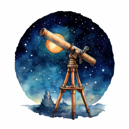 Watercolor illustration of a telescope on a background of the night sky with starsの素材