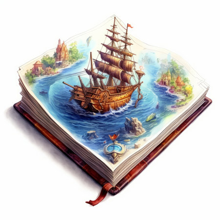 Old book with sailboat, isolated on white background. Watercolor illustration.の素材