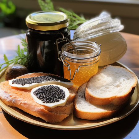 Black caviar in a glass jar and bread on a wooden tableの素材