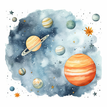 Watercolor space illustration with planets, stars and comets. hand drawn vector illustrationの素材