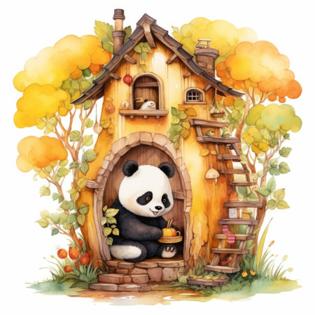 Watercolor illustration of cute panda bear in a wooden house.の素材