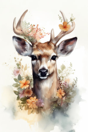 Watercolor portrait of a deer with flowers. Digital painting on a white background.の素材