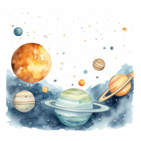 Watercolor space background with planets and stars. Hand drawn illustration.の素材