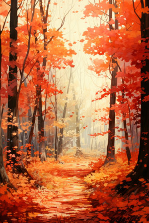 Autumn forest landscape with path and falling leaves. Digital painting.の素材