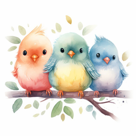 Cute birds on a branch. Watercolor illustration isolated on white backgroundの素材