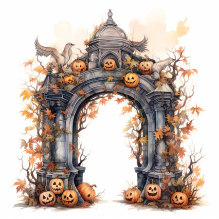 Halloween arch with pumpkins and ghosts on white background. watercolor illustrationの素材