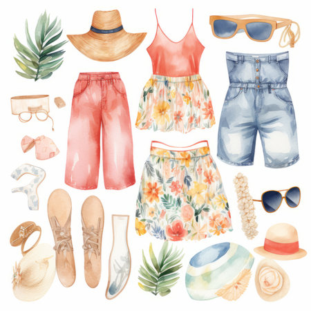 Watercolor summer fashion set. Hand drawn illustration with beach accessories.の素材