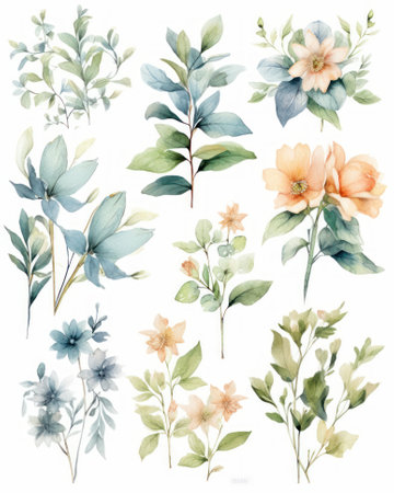 Set of watercolor flowers. Hand drawn illustration isolated on white backgroundの素材