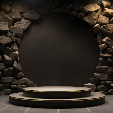 Black podium and stone wall background. 3d rendering, mock upの素材