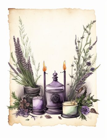 Watercolor illustration of lavender flowers, candles and old paper.の素材