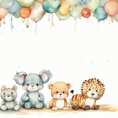 Watercolor card with cute animals and balloons. Hand drawn illustration.の素材