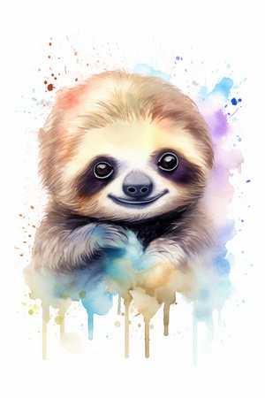 Watercolor portrait of cute baby sloth. Hand drawn illustration.の素材