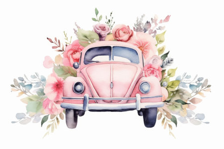Watercolor vintage car with flowers. Hand drawn illustration on white backgroundの素材