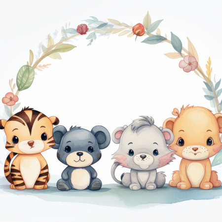 Illustration of a group of animals in a wreath on a white backgroundの素材