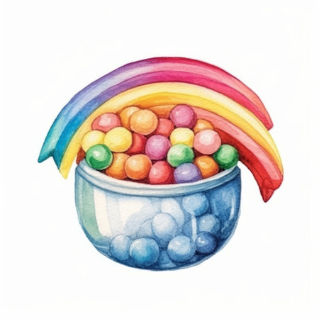 Watercolor illustration of rainbow and candies in a bowl. Hand drawn illustration.の素材