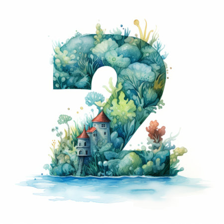 Number 2. Watercolor hand drawn illustration isolated on white background.の素材