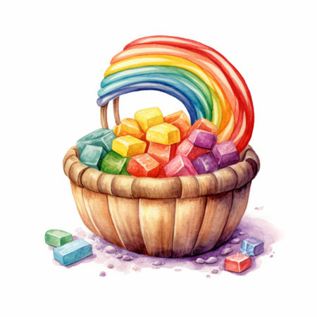 Hand drawn watercolor illustration of rainbow in a basket with colorful candy.の素材